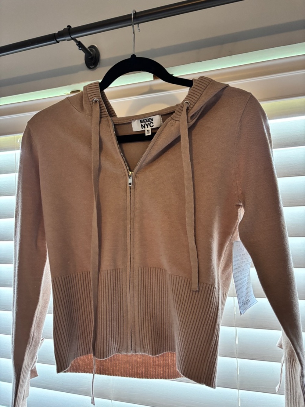 Madden NYC Juniors Taupe Zip-Front Hoodie size Medium NWT